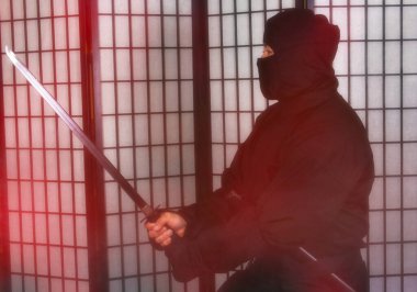 Ninja kostümü giyen ve elinde silah tutan Asyalı adam.