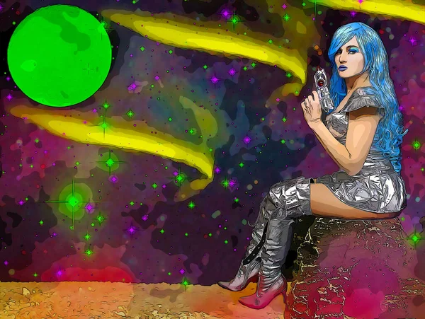 Alien Babe Μπλε Μαλλιά Και Πράσινο Φεγγάρι Κρατώντας Ray Gun — Φωτογραφία Αρχείου