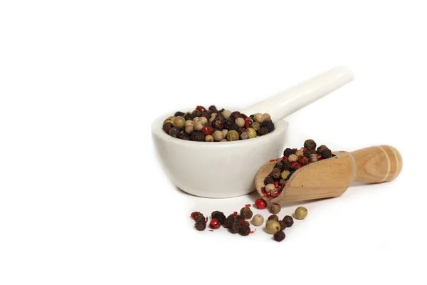 Mortar Pestle Mixed Peppercorns Isolated White — Stock Photo, Image