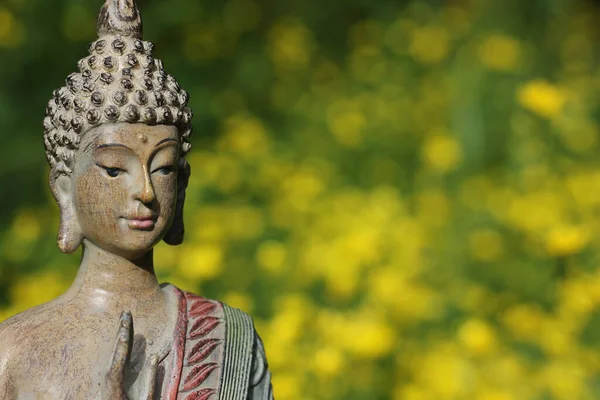 Buddha Socha Polem Žlutých Květin Pozadí Mělké Dof — Stock fotografie