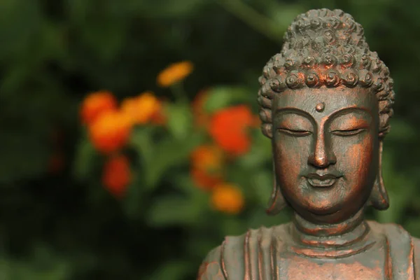 Statua Buddha Giardino Con Sfondo Fiori Sfocati — Foto Stock