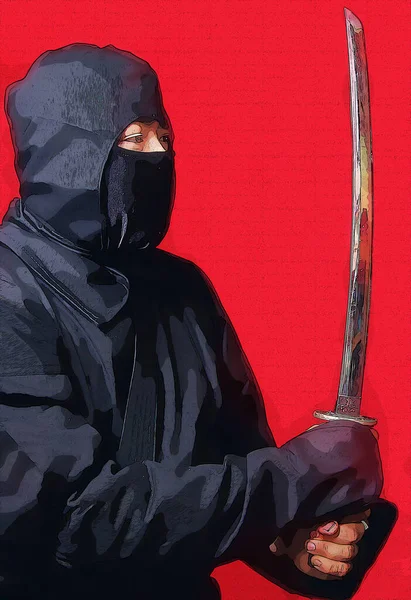 Ninja Con Lanzamiento Arma Estrella Fondo Rojo Ilustración Estilo Cómico — Foto de Stock