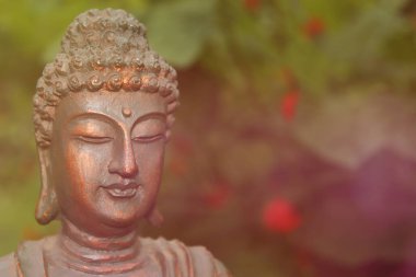 Bahçedeki bulanık çiçekli Buda Heykeli