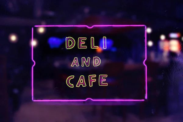 Vintage Deli Cafe Neon Sign Rainy Window — ストック写真