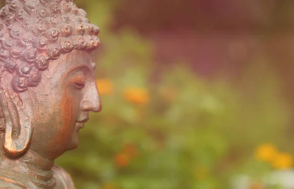 Estátua Buda Jardim Com Flores Borradas Fundo — Fotografia de Stock