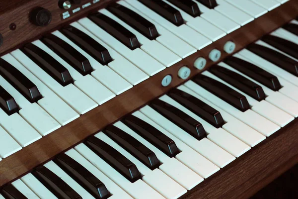 Vintage Double Church Organ Low Light Retro Organ Close — Stock Photo, Image