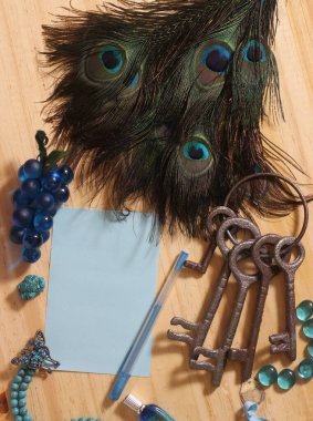 Tahta Masa Üzerinde Not ve Kalem Etrafı Tavuskuşu tüyleri ve Mücevherleriyle çevrili