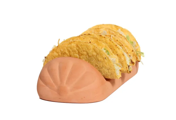 Terracota Taco Holder Com Quatro Tacos Crocantes Fundo Branco — Fotografia de Stock