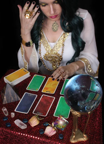 Female Psychic Crystal Ball Tarot Cards Shallow Dof — Stock Photo, Image