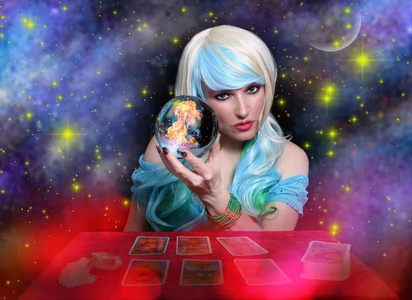 Psychic Blond Hair Crystal Ball Tarot Cards Galaxy Background — Stock Photo, Image