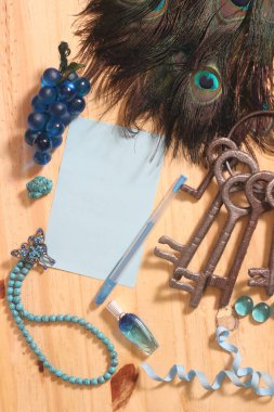 Etrafı Tavuskuşu Tüyleri ve Mücevherleriyle çevrili Masa Kağıdı ve Kalemi