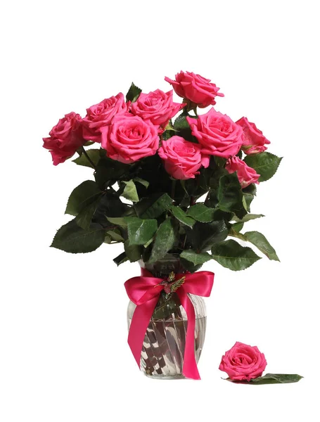 Buquê Rosas Cor Rosa Frescas Vaso Isolado Branco — Fotografia de Stock