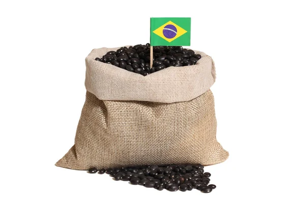 Bolsa Arpillera Frijoles Negros Con Bandera Brasil Aislada Blanco — Foto de Stock