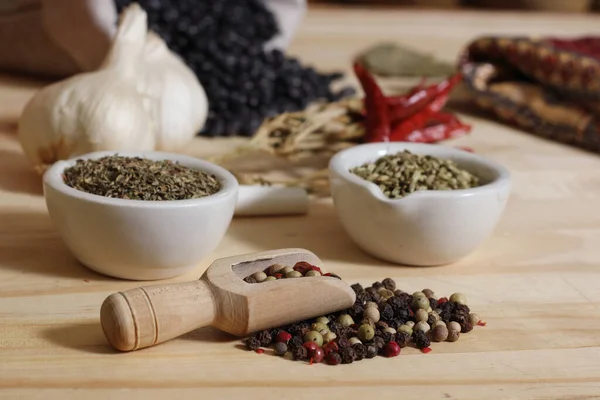 Herbs Spices Rustic Table Black Beans Background Shallow Dof Stock Image