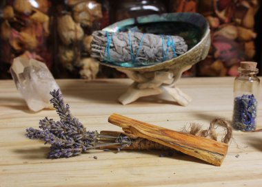 Palo Santo Wood 'lu kurutulmuş lavanta ve lekelenmiş deniz kulağı kabuğu.