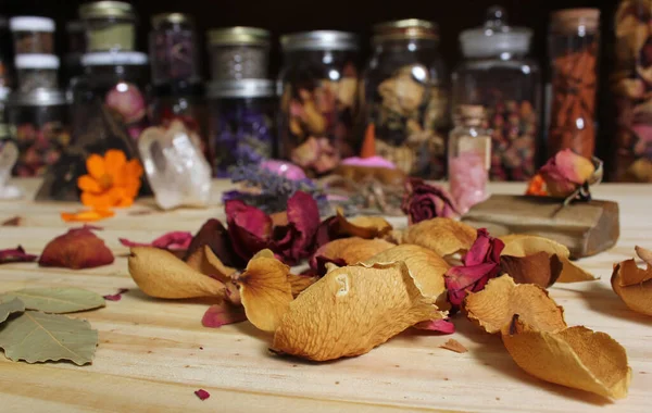 Dried Rose Petals and Dried Lavender With Crystals and Petrified Wood