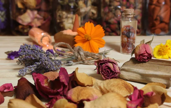 Dried Rose Petals and Dried Lavender With Crystals and Petrified Wood