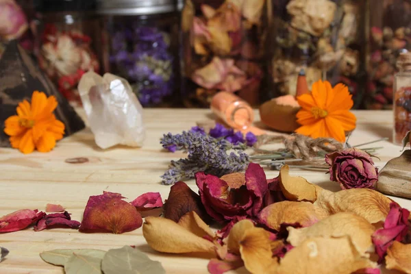 Petali Rosa Essiccati Lavanda Essiccata Con Cristalli Legno Pietrificato — Foto Stock