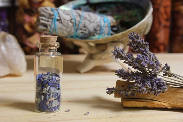 Dried Lavender Palo Santo Sticks Abalone Shell Smudging Background — Stock Photo, Image