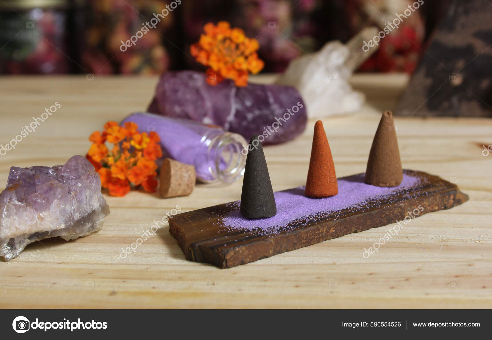 Incense Cones Stone Slab Rock Crystals Flowers Stock Photo by