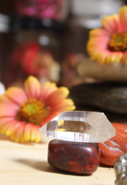 Quartz Crystal Balanced on Bloodstone With Flowers in Background