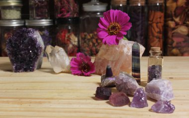 Amethyst Crystals With Flowers and Incense Cones on Meditation Altar