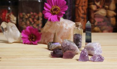 Amethyst Crystals With Flowers and Incense Cones on Meditation Altar
