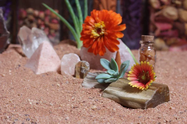 Pietre Chakra Con Aloe Vera Cono Incenso Sulla Sabbia Rossa — Foto Stock