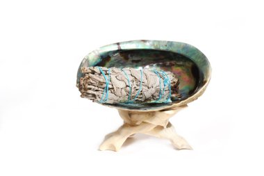 Abalone Shell With Sage Incense For Cleansing and Purification Isolated on White Background