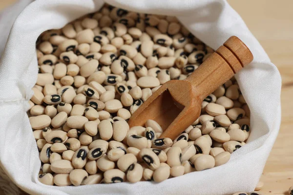 Guisantes Ojos Negros Secos Sin Cocer Bolsa Con Cuchara Madera — Foto de Stock