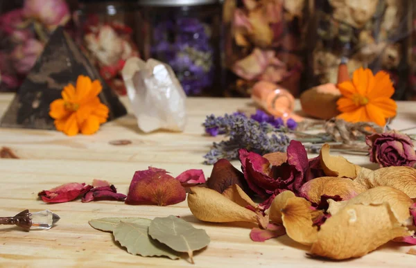 Dried Rose Petals and Dried Lavender With Crystals and Petrified Wood