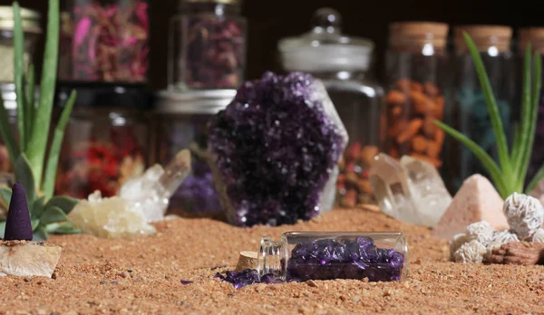Amethyst Crystals Chakra Stones Australian Red Sand Meditation Altar — Stock Photo, Image