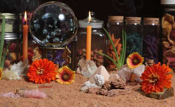 Avustralya Kırmızı Kum Meditasyon Sunağında Mumlu Kristal Top ve Çakra Taşları