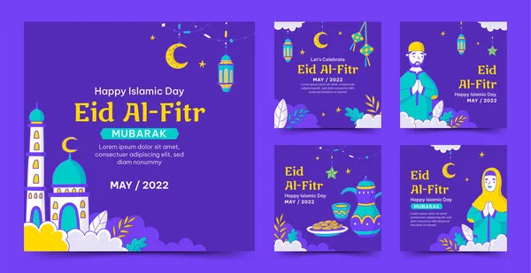 Coleção Post Mídia Social Eid Fitr Desenhada Mão — Vetor de Stock