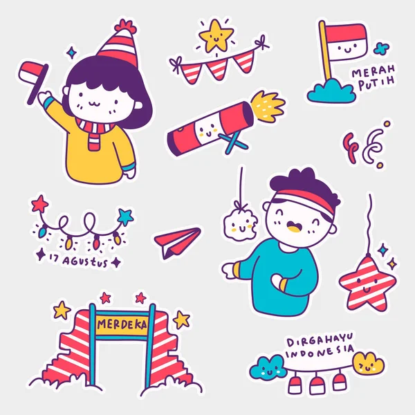 Sticker Set Indonésie Jour Indépendance Dans Style Doodle Merdeka Est — Image vectorielle