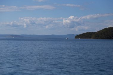 Rusya 'nın Vladivostok adasındaki Russky adasındaki Novik limanında deniz manzarası, adalar, pelerinler, beyaz bulutlar ve mavi gökyüzü