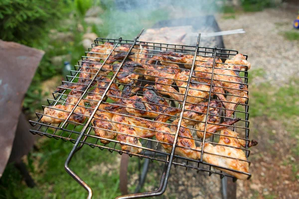 Barbacoa Alas Pollo Una Parrilla Canasta Asado Cocinar Fuego Humo — Foto de Stock