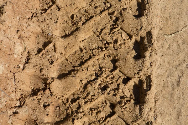 详细的填充车架背景近距离拍摄车胎痕迹 脚印和泥泞尘土飞扬的路面上的痕迹 — 图库照片