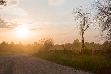 İlkbahar panoramasında günbatımının tozlu yolu. Güzel mavi gökyüzü, beyaz bulutlar, sis, çıplak ağaçlar, yeşil çimenler..