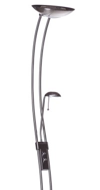 kıvrımlı gümüş alüminyum yükseltici zemin lambası gölge ve beyaz arkaplanda izole edilmiş küçük okuma ışığı