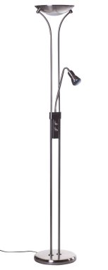 gümüş alüminyum yükseltici torchiere zemin lambası, gölge ve beyaz arkaplanda izole edilmiş küçük okuma ışığı.