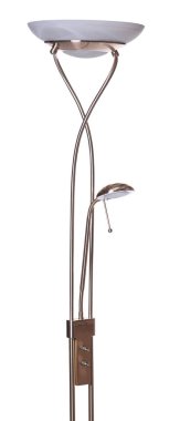 Beyaz arka planda gölgesi ve küçük okuma ışığı olan pirinç bakır yükseltici torchiere lamba