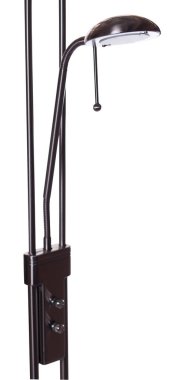 Beyaz arka planda gölgeli ve izole edilmiş, parlak, torchiere lambasının küçük siyah metalik okuma ışığı.