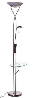 Cam masa rafı, gölge ve beyaz arkaplanda izole edilmiş küçük okuma ışığı ile alüminyum gümüş çakmak lambası.