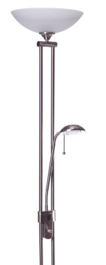 Beyaz zemin üzerinde gölgesi ve küçük okuma ışığı olan alüminyum gümüş ışıklı torchiere lamba.