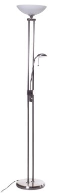 Beyaz zemin üzerinde gölgesi ve küçük okuma ışığı olan alüminyum gümüş ışıklı torchiere lamba.