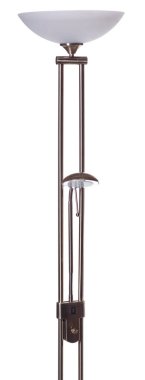 Bronz bakır nikel, parlak torchiere zemin lambası, gölge ve beyaz arkaplanda izole edilmiş küçük okuma ışığı.