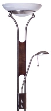 kahverengimsi torchiere zemin lambası, gölge ve beyaz arkaplanda izole edilmiş küçük okuma ışığı.