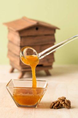 Şeffaf bir cam kaşıkta kahverengi turuncu bal bir tabak, bir ceviz ve yeşil arka planda küçük bir ahşap kulübe modeline döküldü.