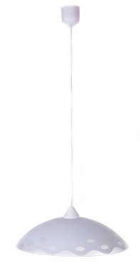 Beyaz arkaplanda izole edilmiş bir kablo sapının üzerinde dalgalı ve daire şeklinde gölgeli klasik gri cam kolye.